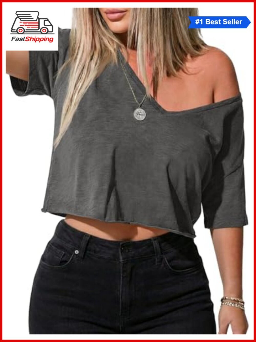 Womens Off Shoulder Crop Top Deep V Neck Loose Tee Summer Casual T-Shirt